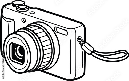 Simple line drawing of a camera with lens and strap