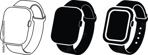 Smartwatch vector icon set with outline, silhouette, and detailed flat glyph styles for wearable technology UI design
