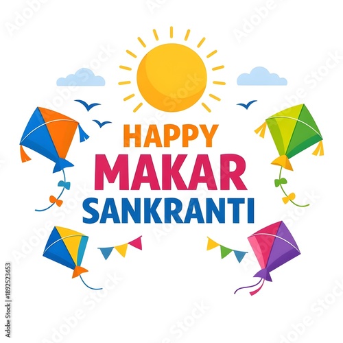 Wallpaper Mural Happy Makar Sankranti Celebration with Colorful Kites and Bright Sun Illustration.  Torontodigital.ca