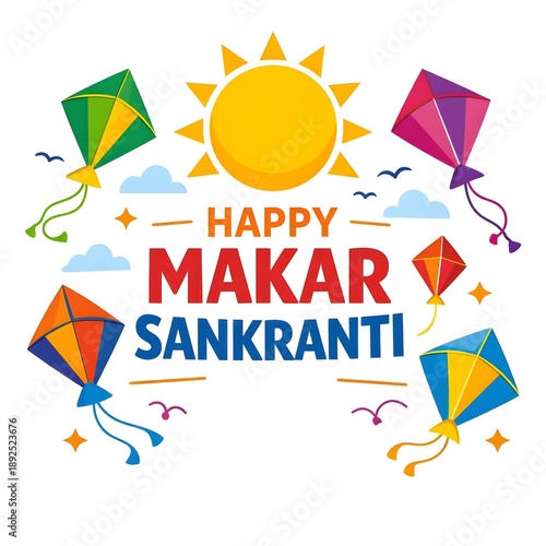Wallpaper Mural Happy Makar Sankranti Celebration with Colorful Kites and Bright Sun Illustration.  Torontodigital.ca