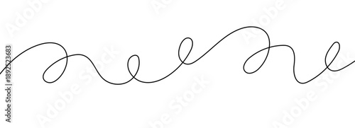 Abstract drawing line with a thin cable, long squiggle, curvy wavy white squiggly black loop, and a simple graphic design twist for decor or a divider. Continuous loopy illustration through