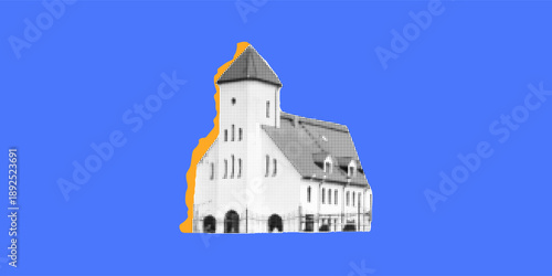 Minimal collage illustration of a church building with architectural facade, presented as a clean cutout element. Suitable for editorial design, website background or poster with grain texture and mod