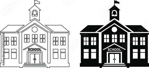 Traditional school building icon set with bell tower and flag in outline and silhouette style.