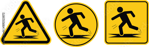 Yellow warning signs set for fragile surface danger, featuring a running person breaking through the floor, symbolizing risk, collapse, and required caution.