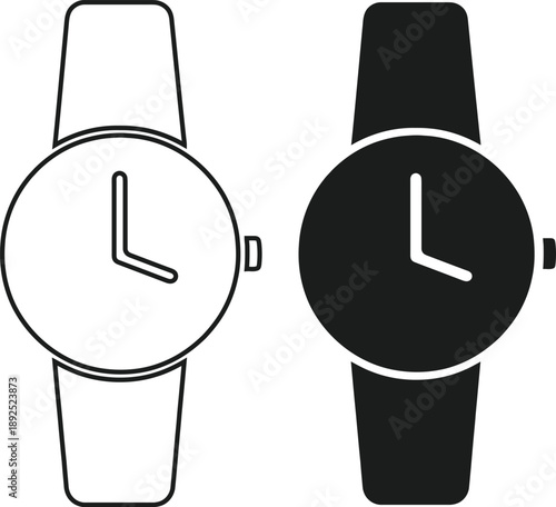 Minimalist wristwatch icon set with outline and solid glyph style for UI/UX design.