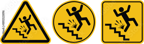Set of three yellow safety warning signs illustrating a person tripping and falling down steep stairs, emphasizing the risk of severe injury and accident prevention.