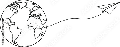 Paper plane flying around the earth illustration