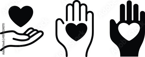 Three minimalist icons of hands and hearts in black and white, symbolizing emotional care, charity, donation, and generous giving of love and compassion.