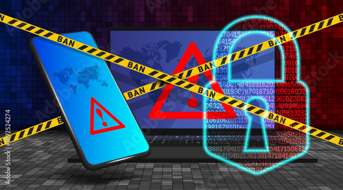 Vector 3D high technology banner. Smartphone and mobile computer, laptop. Virtual padlock. Red danger sign and yellow tape, ban. Global blocking, sanctions and suspicious activity.