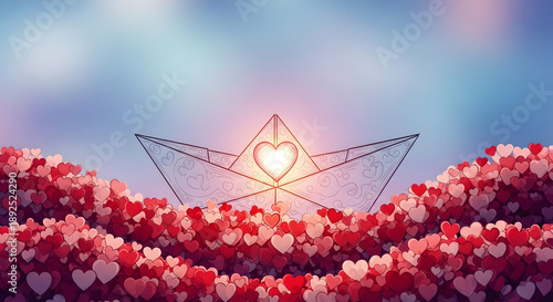 A whimsical paper boat adorned with a glowing heart sails on a sea of vibrant red and pink hearts, set against a soft, dreamy sky