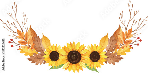 Autumn leaves frame with bright sunflower in nature garden