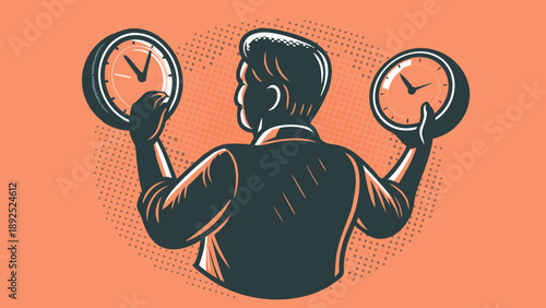 Man holding two clocks representing multitasking and time management in a busy work environment with a focus on productivity and efficiency