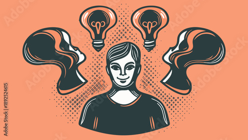 Creative person with multiple thought bubbles and lightbulbs on orange background symbolizing inspiration and innovation