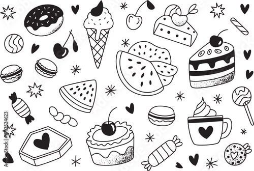 Black and White Doodle Desserts with Hearts and Stars
