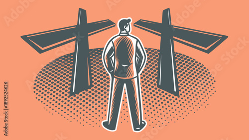 Man standing between two diverging paths symbolizing choice and decision making in a digital abstract art style