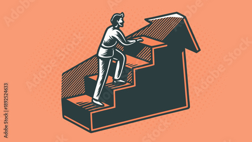 Businessman climbing upward staircase with arrow symbolizing growth and success in career advancement and financial prosperity on orange background