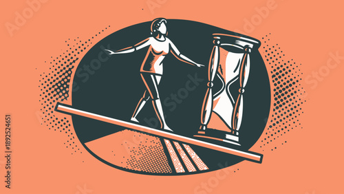 Woman balancing on tightrope with hourglass abstract illustration
