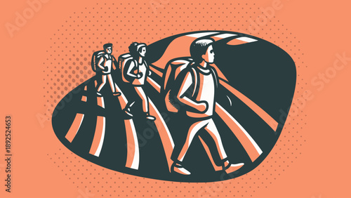 Vector illustration of people walking on crosswalk in abstract style with orange background