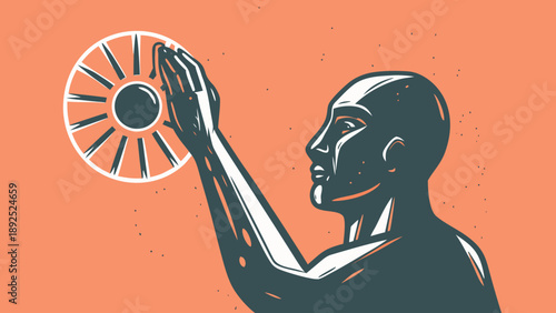 Man holding sun symbol in abstract style on orange background conveying hope and positivity in a graphic illustration