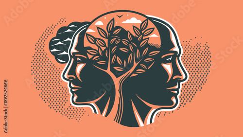 Abstract human faces with tree growing inside head symbolizing growth and harmony on orange background