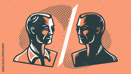 Abstract vector illustration of two men facing each other divided by a line on orange background