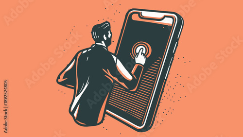 Stylized illustration of a man interacting with a large smartphone on an orange background digital art