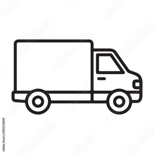 A delivery truck drives through a city with a silhouette of buildings vector outline icon use as a symbol, web graphic design, and infographic icon