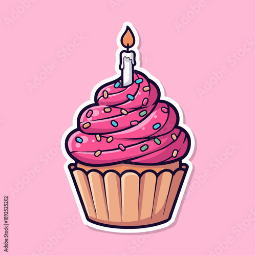 A cartoon-style pink cupcake with colorful sprinkles and a lit candle on top against a solid pink background.