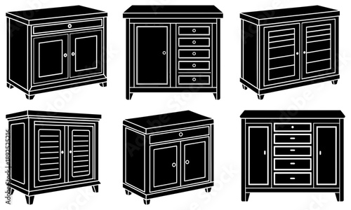 Collection of various furniture designs for cabinets and drawers illustrated in black and white line art