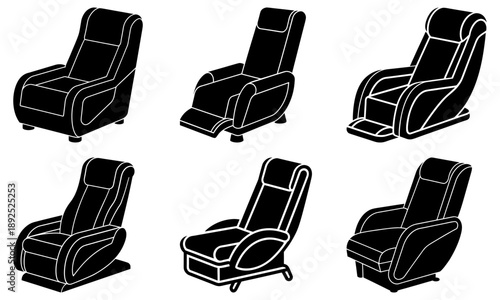 Collection of recliner chairs illustrated from various viewpoints showcasing different reclining positions and designs in a minimalist style