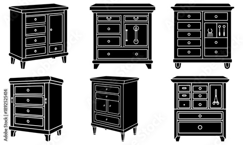 Collection of various furniture designs featuring cabinets, drawers, and shelves in a monochromatic illustration style from a front viewpoint