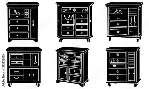 Various furniture designs for dressers with multiple drawers and cabinets illustrated from a front viewpoint