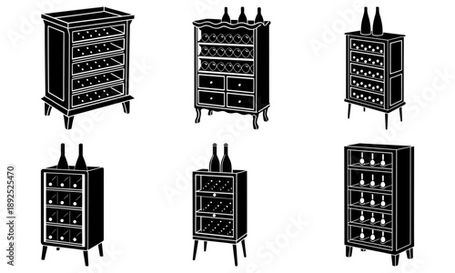 Collection of wine cabinets with bottles displayed from various viewpoints in a wine cellar or store environment
