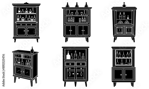 Assorted antique furniture cabinet collection with various bottles and glasses displayed on shelves and cupboards in a neutral environment from a front viewpoint