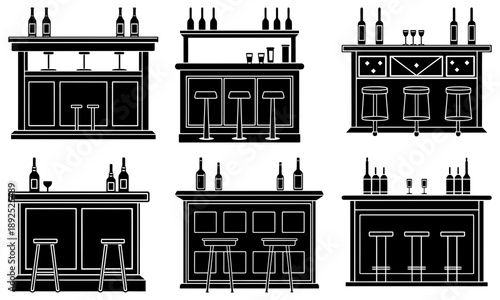 Collection of various bar counter illustrations with stools and bottles viewed from the front