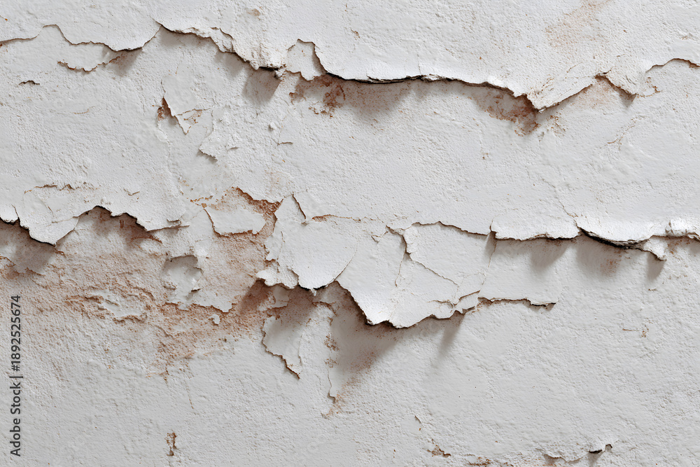 Obraz premium Cracked white wall showing layers of paint and plaster at an old building