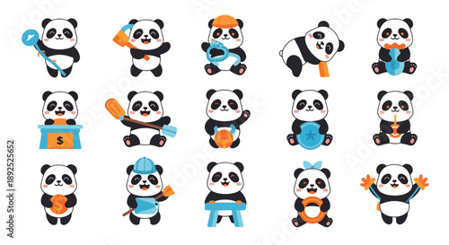 Cute Panda Bear Cartoon Character Set