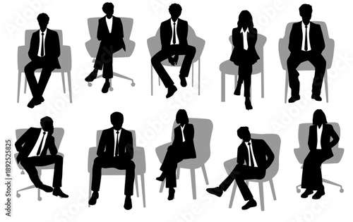 Set of silhouettes of men and women sitting in office chairs, vector image, group of business people, profile, black color on a white background