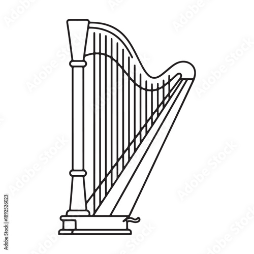 A musician plays a beautiful harp in a peaceful silhouette setting vector outline icon use as a symbol, web graphic design, and infographic icon