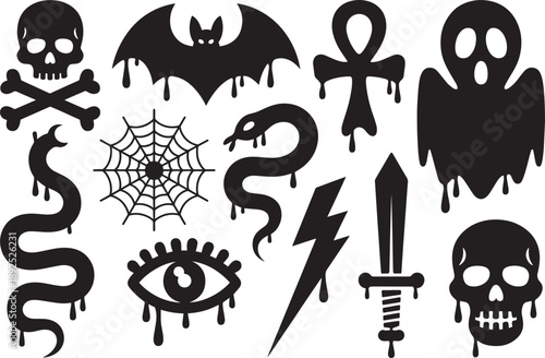 Halloween Symbols Set with Skulls, Bats, Snakes and and Eyeball on White Background