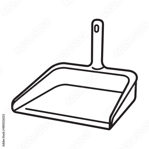 A dustpan with a handle is shown in a simple line drawing silhouette vector outline icon use as a symbol, web graphic design, and infographic icon