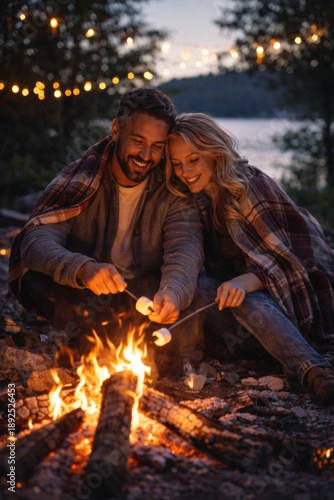 Couple sitting by campfire wrapped in blanket during night by lakeside enjoying warmth together