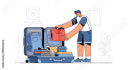 Man Packing Suitcase with Travel Items.