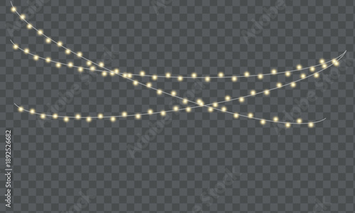 gold garland and shiny string lights on transparent background for winter holiday banner with festive ribbon decoration and abstract illustration