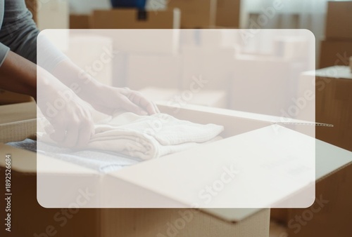 テキストスペース付き引っ越しの準備で洋服を箱に詰める女性の背景