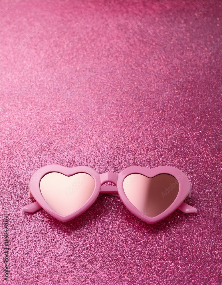 Fototapeta premium Valentine's day concept. Pink heart shaped glasses on pink glitters on pink background with copy space
