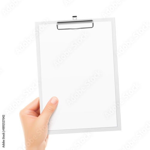 A4 office clipboard with metal hook sheet in hand mockup. Vector illustration isolated on white background. Ready and simple to use for your design. EPS10.	