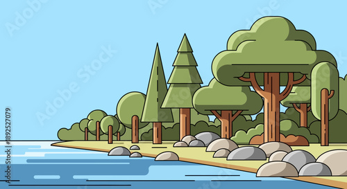 Trees and Rocks by the Water.