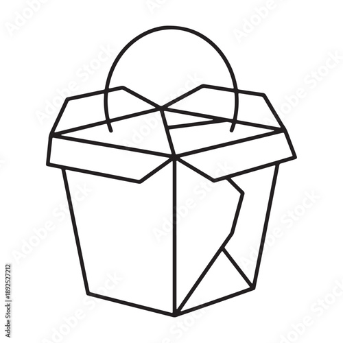 A simple line drawing of a takeout container with a handle silhouette vector outline icon use as a symbol, web graphic design, and infographic icon