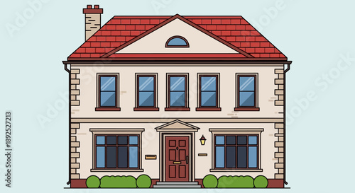 Two Story Residential House with Red Roof.